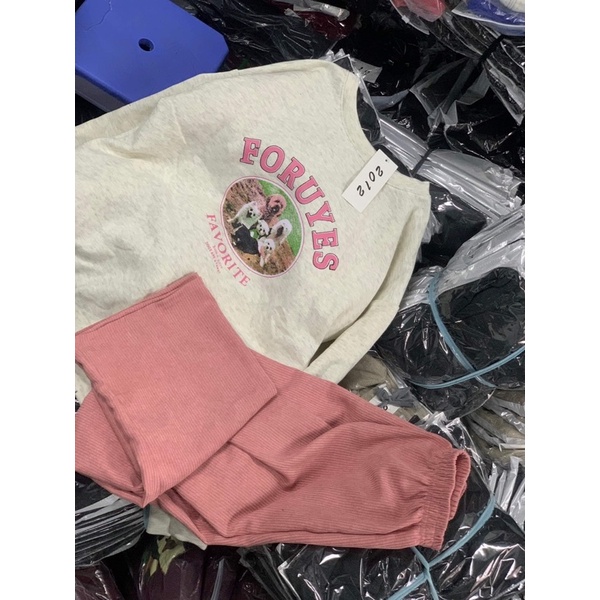 Set Bộ Nỉ Thu Đông Foruyes, áo nỉ Sweater tay bồng kèm quần suông nhung tăm hồng