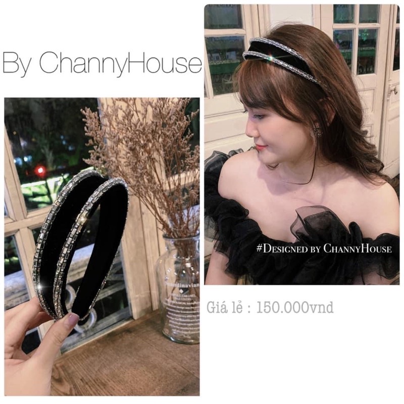 Channyhouse_Bờm/Cài tóc nhung đính cườm pha lê 2 hàng cao cấp