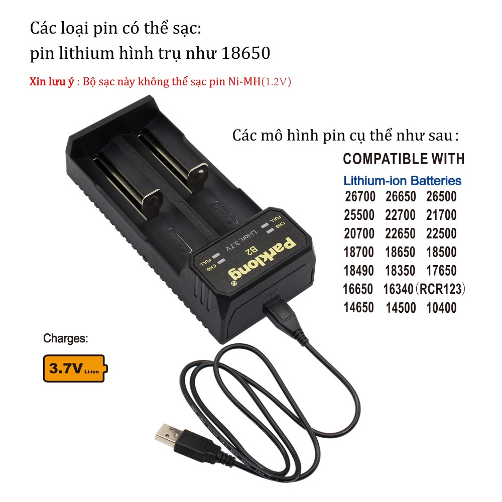 Bộ sạc Parklong B2,pin sạc 18650 pin 3.7V 2200mAh,2600mAh,3000mAh,3400mAh,sạcA1,A2,A4, Pin chính hãng