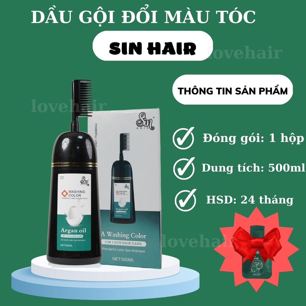 Dầu Gội Nhuộm Tóc Sin Hair Màu Đỏ Rượu, Lên Từ Nền Đen Tự Nhiên, Nền Càng Sáng Tóc Càng Ánh Đỏ- 500ml