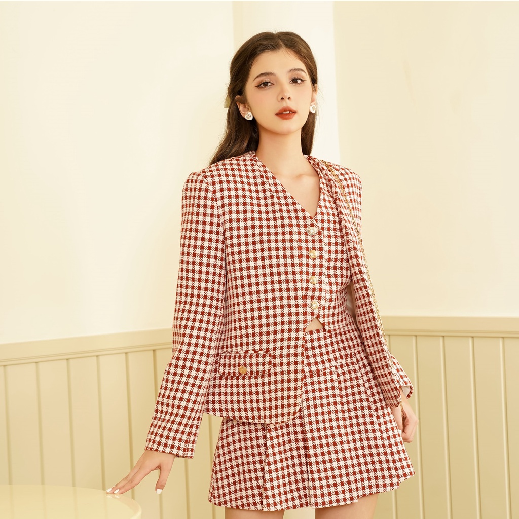 Áo khoác nữ Méo shop dạ tweed dài tay không cổ phối túi nắp Angie