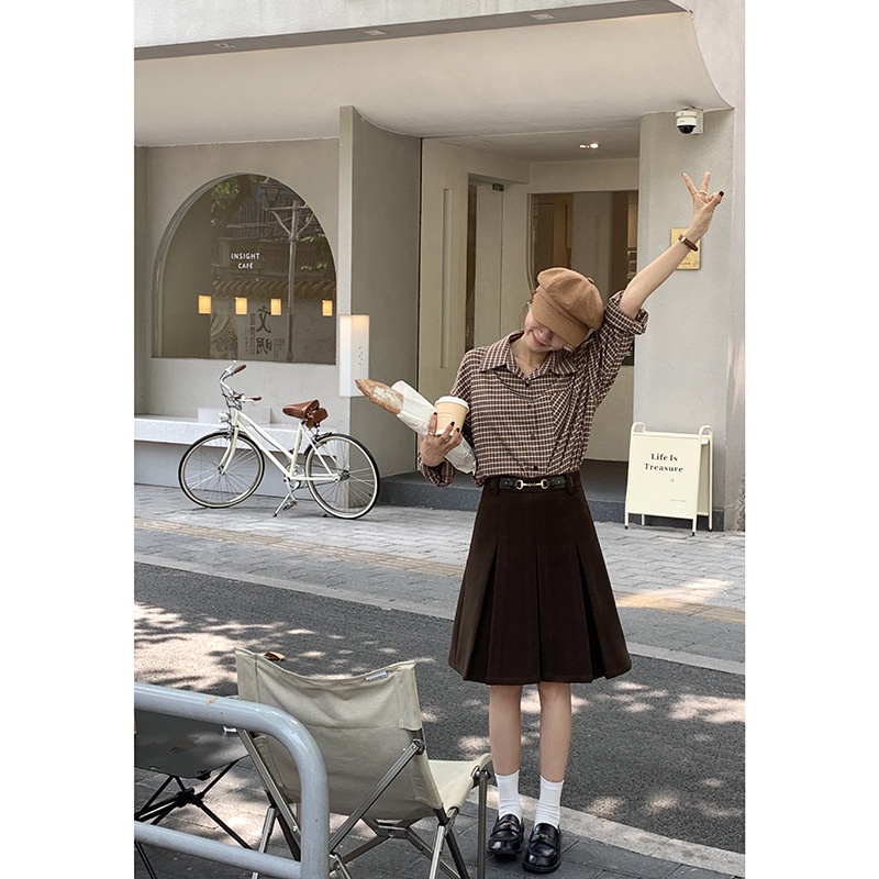 Áo sơ mi nữ Form rộng Tay dài kẻ sọc caro Retro Thu Đông Hàn Quốc Sơ mi nữ Dáng rộng Dài tay Thời trang