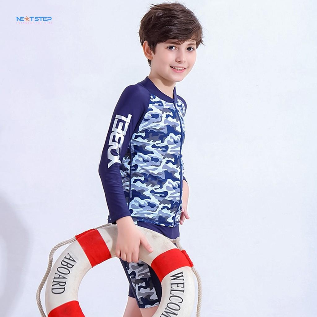 Đồ bơi trẻ em, đồ bơi bé trai tay dài chất vải chống nắng size lớn đến 45kg cho bé trai đến 12 tuổi