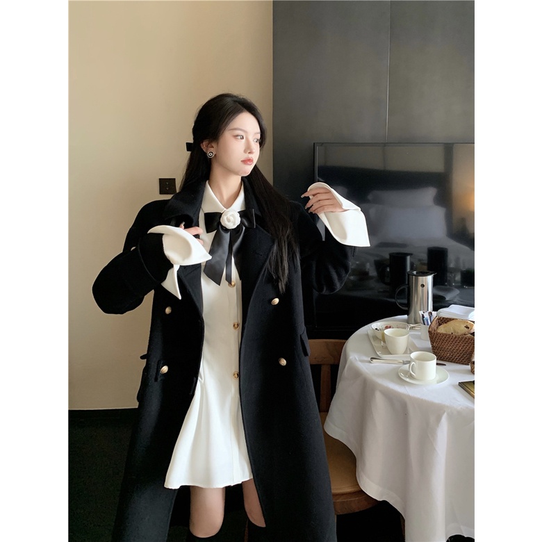 Áo khoác dạ dáng dài YIMI kèm váy sơ mi tiểu thư