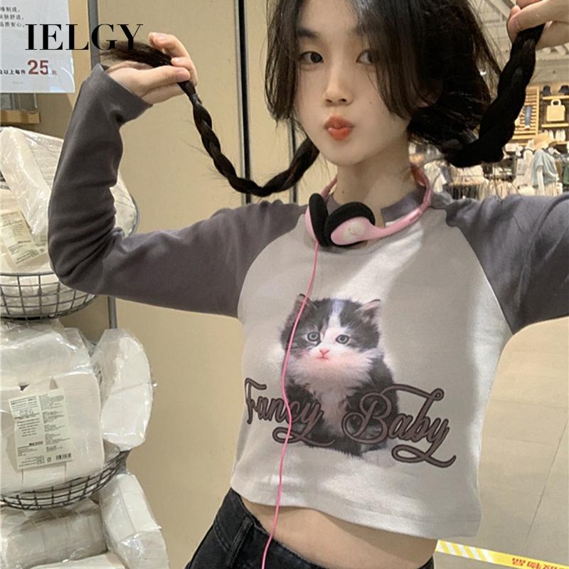 IELGY  IELGY Áo Thun Tay Dài Dáng Ôm In Hình Mèo Phong Cách Mỹ Cổ Điển Thời Trang Cho Nữ