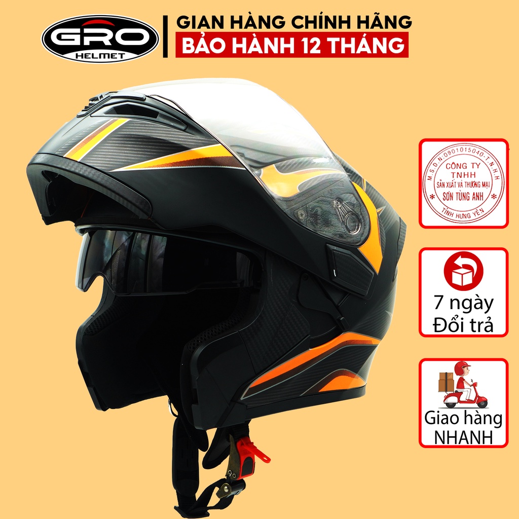 Mũ Bảo Hiểm Fullface Lật hàm 2 kính GRO Helmet GT New, mũ phượt thiết kế khóa kim loại chắc chắn - Nhiều màu