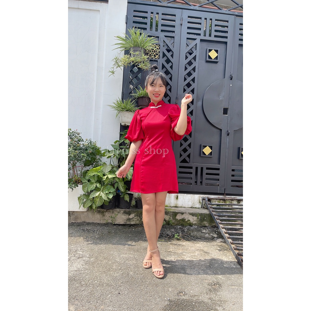 Đầm Sườn Xám Tay Phồng Cách Tân Dáng Xoè Đính Đá Sang, Đầm Cổ Tàu (Video,Ảnh Thật)