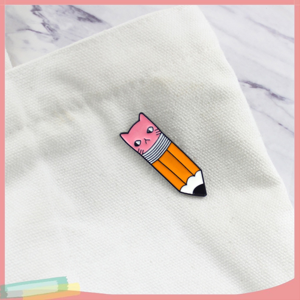 【LK】Cute Pencil with Cat Face Eraser Metal Enamel Brooch Pin Denim Backpack Badge