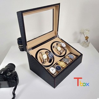 Hộp đựng lên dây 4 đồng hồ cơ và bày 6 chiếc đồng hồ chất liệu da trong bọc nỉ, đựng đồng hồ xoay