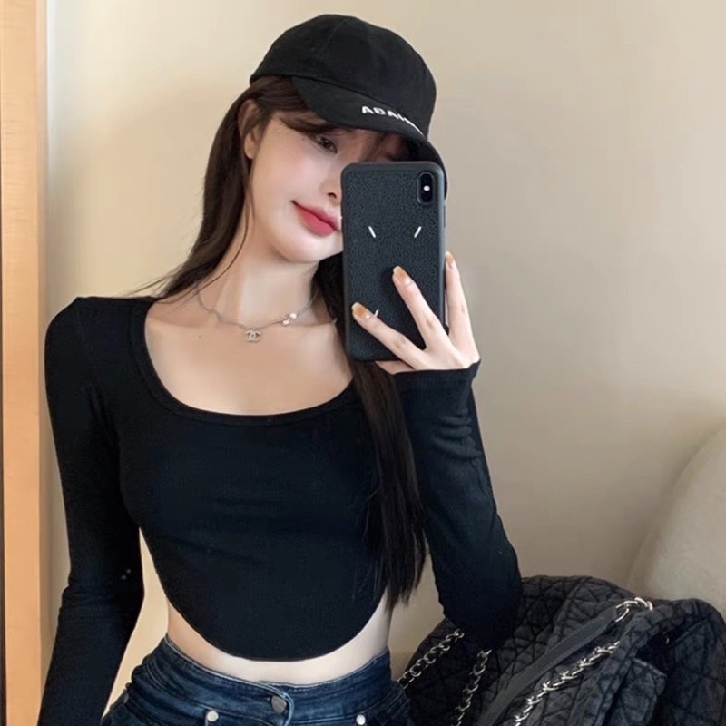 Áo kiểu thun croptop tay dài tà bầu cổ U thời trang cho nữ