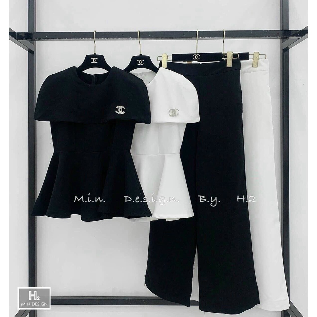 Set bộ nữ đi chơi chất for cao cấp áo peplum chờm vai sang chảnh mix quần ống suông dài có kèm phụ kiện siêu hot