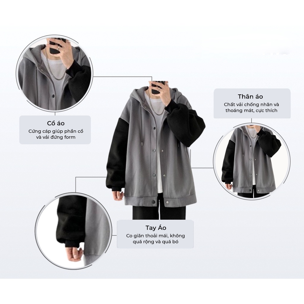 Áo Khoác Nỉ Bông Nam, Nữ Basic Unisex Nỉ From Rộng Màu Đen Xám HDBN750 Unichic