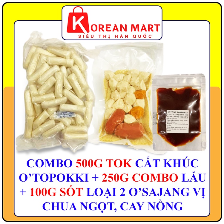 Combo 500g bánh gạo cắt khúc gói trắng + 250g combo gồm xúc cich, chả cá, cá viên + 100g sốt nấu tokbokki