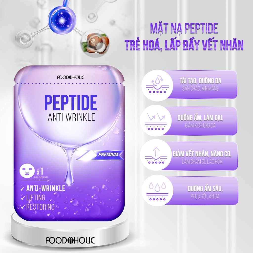 Combo 5 miếng Mặt nạ giúp trẻ hoá, lắp đầy vết nhăn Foodaholic Peptide Anti Wrinkle Mask 23ml - PEPTIDE