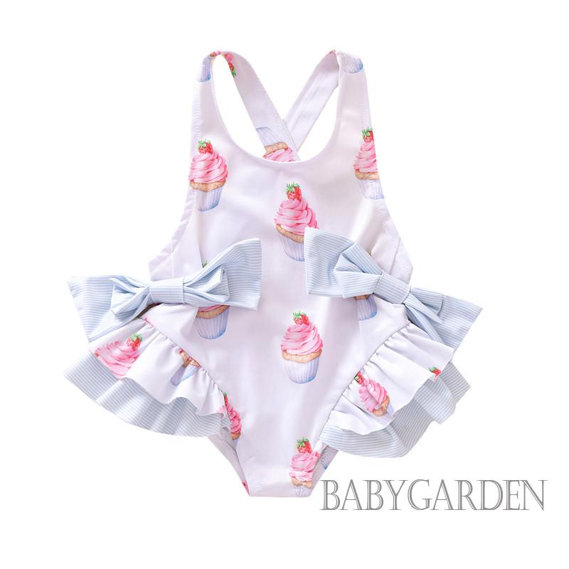 Bộ Đồ Bơi Một Mảnh Hai Dây Hở Lưng Phối Bèo In Hình Bánh Kem Dễ Thương Thời Trang Cho Bé Gái 6 Tháng-5 Tuổi