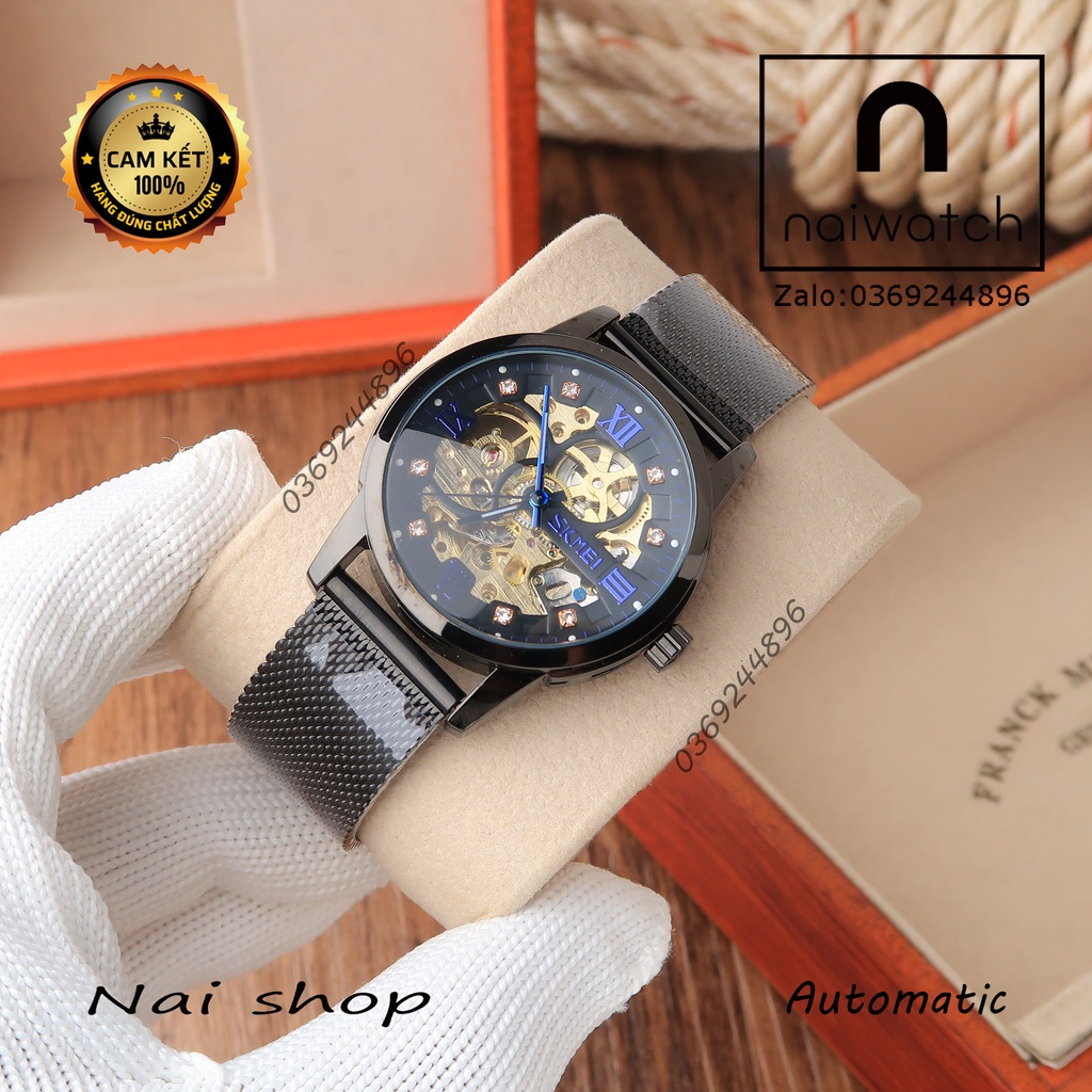 Đồng hồ nam Skmei cơ tự động full đen, dây lưới thép cực trẻ trung năng động