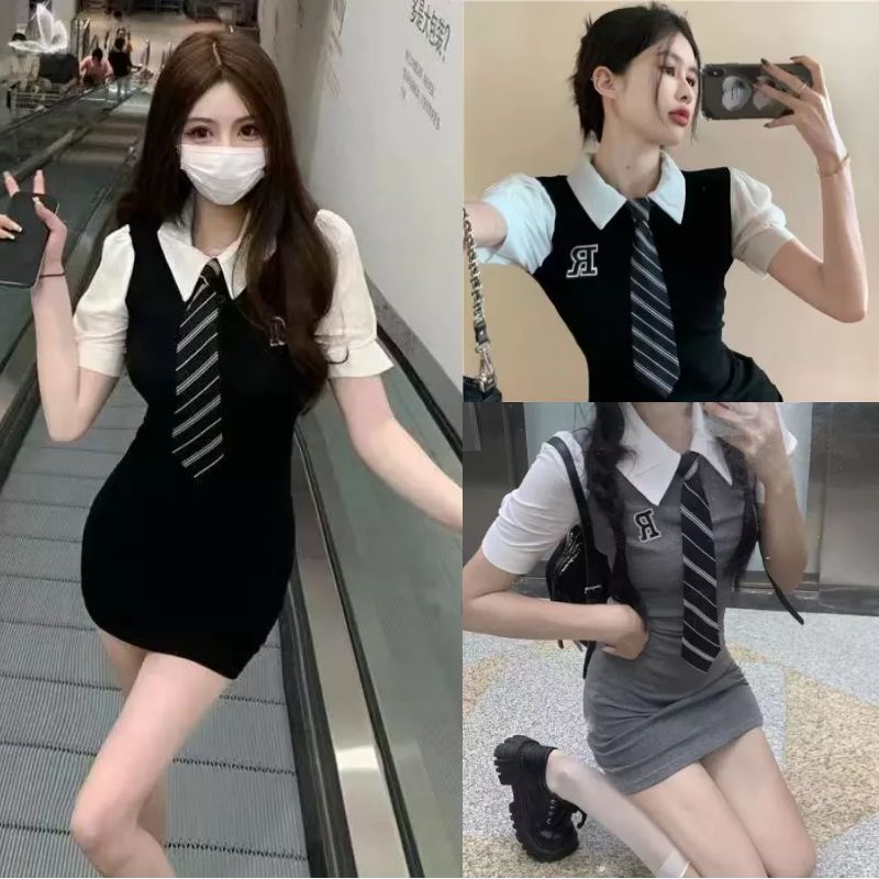 Đầm Ngắn Tay Giả Hai Lớp Thời Trang Mùa Hè Cho Nữ