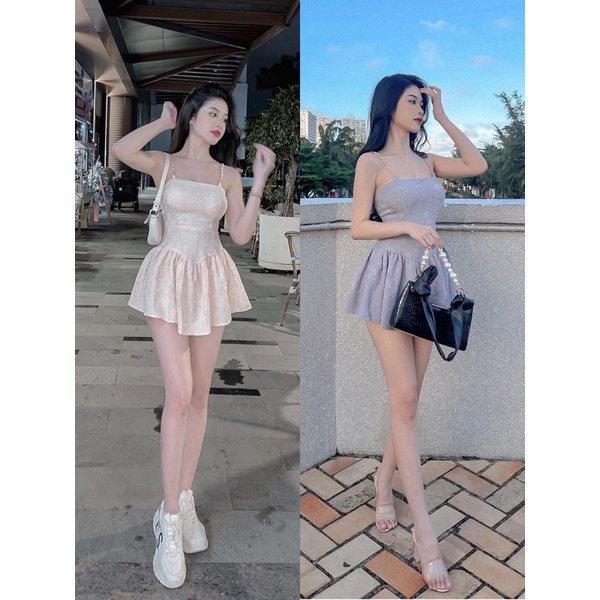 Yoona Auth &HM2T- Đầm dự tiệc 2 dây xích xoè gấm cao cấp sang chảnh
