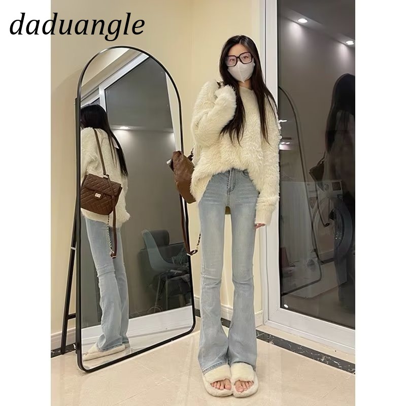 Quần jean DADUHEY lưng cao ống loe giặt sờn phong cách Hàn Quốc retro thời trang mới dành cho nữ