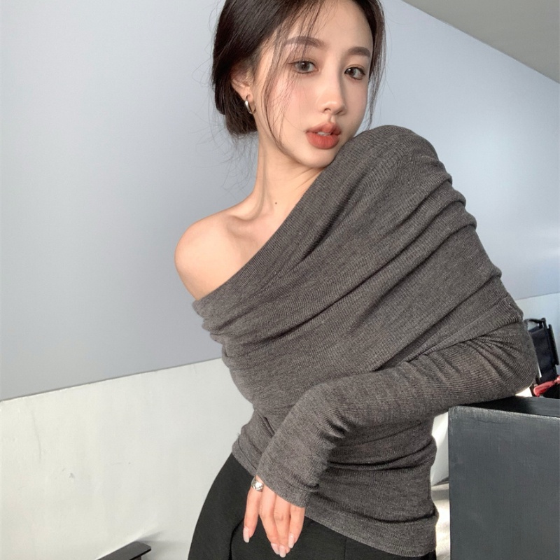 COZOK Áo kiểu COZOK dệt kim tay dài thiết kế trễ vai ôm dáng vừa vặn thời trang dành cho nữ