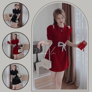 Đầm nhung xẻ vai đính nơ kim sa dáng xòe sang chảnh cao cấp 2 màu đen, đỏ