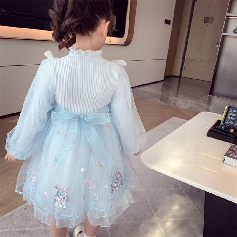 Đầm công chúa IQ Angel tay phồng thêu họa tiết phong cách phương Tây thời trang mùa thu cho bé gái