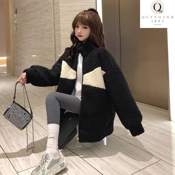 Áo khoác lông cổ cao LOGO gấu kèm túi, Áo lông nam nữ From rộng màu Đen Trắng Ullzang áo cặp đôi hotren 2022