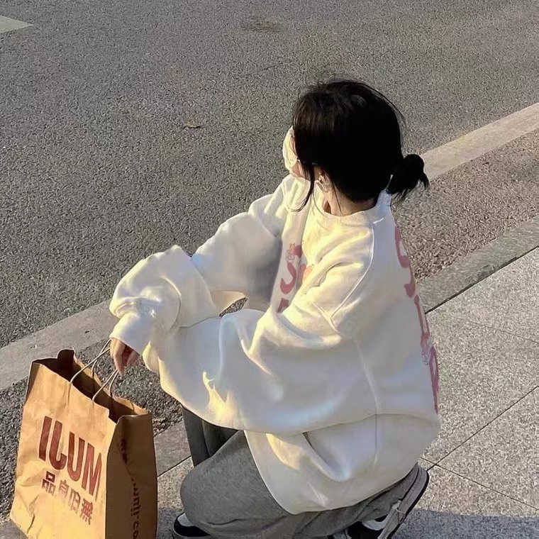 HUANG YOYO Áo Thun Nữ Dài Tay Cổ Tròn In Chữ Thời Trang Hàn Quốc