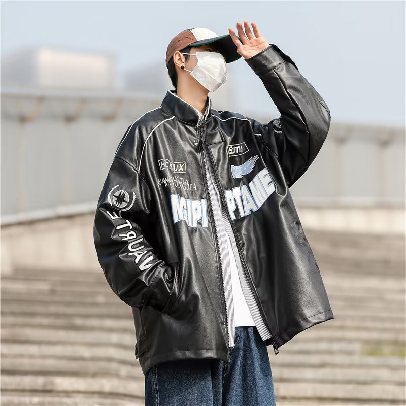 Áo Khoác Bóng Chày Chất Liệu Da Dáng Rộng Thêu Họa Tiết Cá Tính Cho Nam