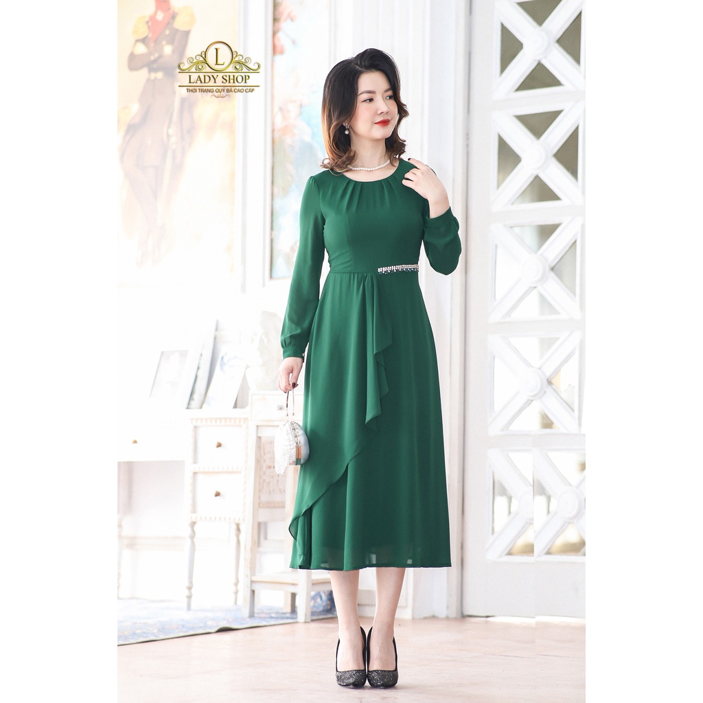Đầm voan phối tà viền đai Ladyshop thời trang trung niên cao cấp T35