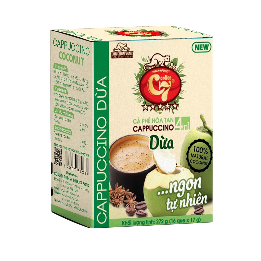 Cà Phê Dừa Hòa Tan Cappuccino 4in1 Con Chồn Vàng C7 - Hộp 16Que x 17Gr
