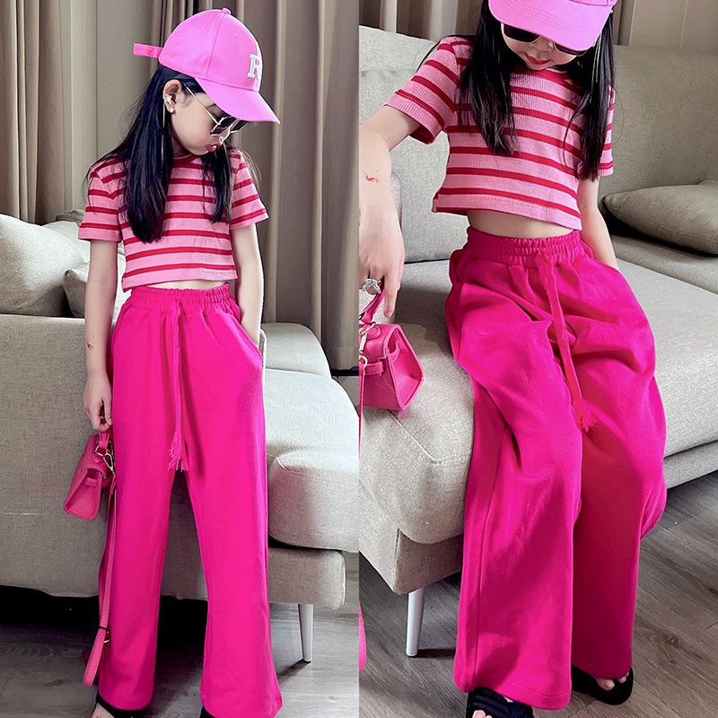 Set Áo Thun Ngắn Tay Sọc Ngang + Quần Dài Ống Rộng Thời Trang Cho Bé Gái