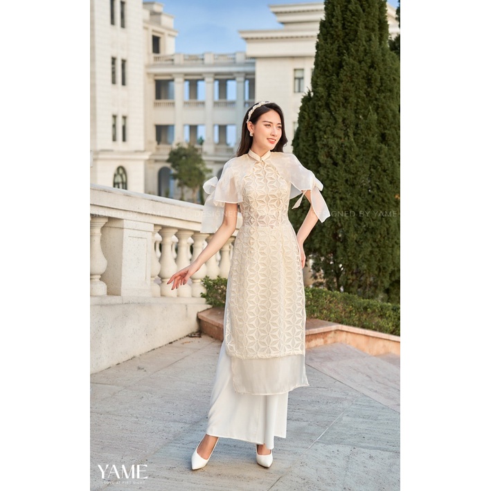 Áo dài thiết kế tay nơ chất ren 2 lớp YAD111 DẠ MINH YAME