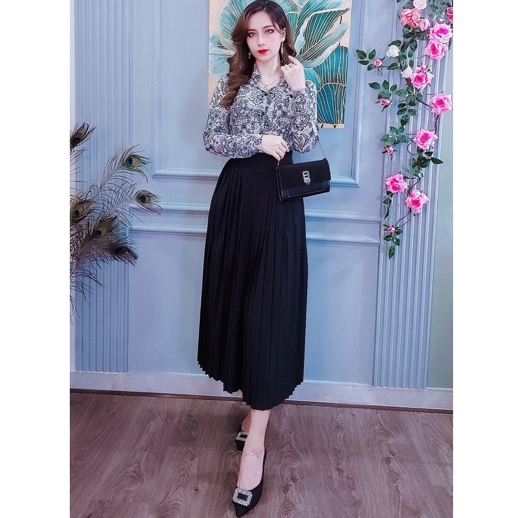 Set sơ mi họa tiết thổ cẩm + chân váy đen dài Da1527. Vải lụa mềm mát