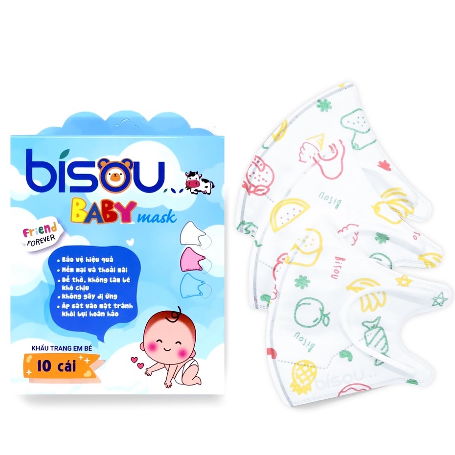 Khẩu trang 3D Bisou baby cho bé 3 tuổiKhông đau tai, kháng khuẩn, an toàn
