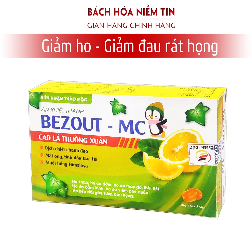Viên ngậm ho An Khiết Thanh Bezout MC - Cao lá thường xuân - giúp giảm ho, mát họng, hóa đờm hiệu quả - Hộp 16 viên