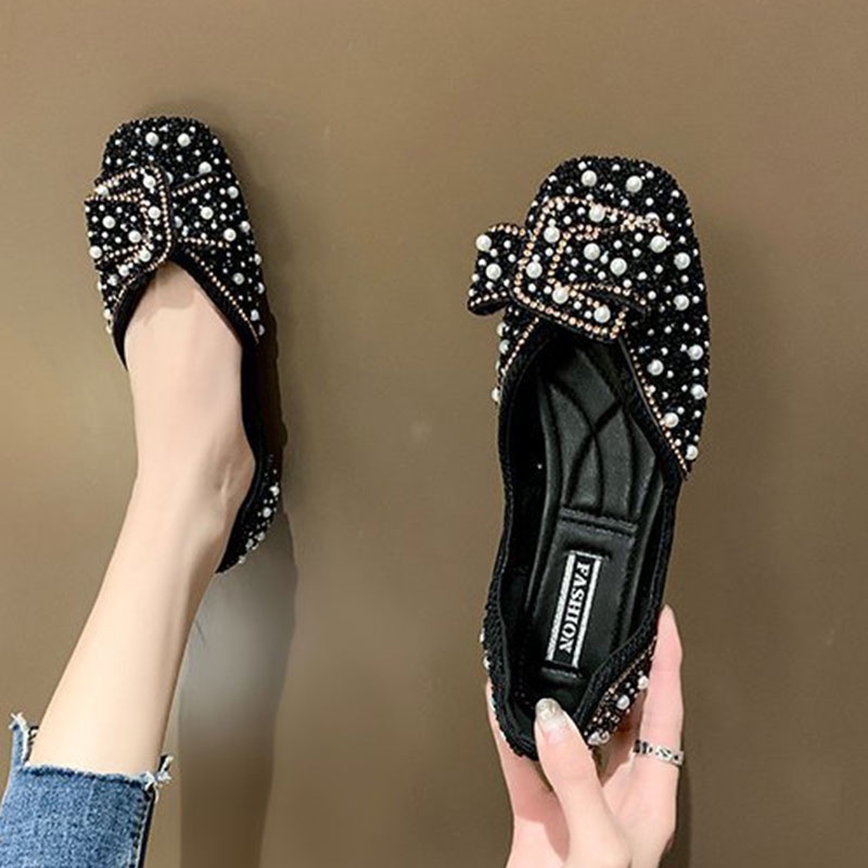 Giày Búp Bê Mũi Vuông Đính Hạt Ngọc Trai Và Đá Thời Trang Hàn Quốc Mới Cho Nữ