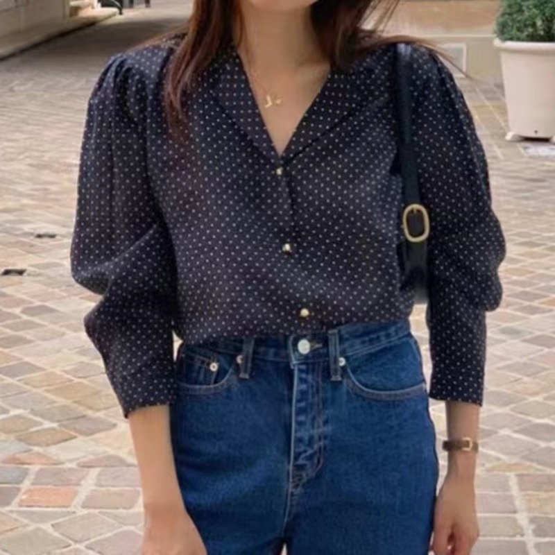 Áo Sơ Mi Tay Dài Họa Tiết Chấm Bi Phong Cách Hàn Quốc Thời Trang Cho Nữ