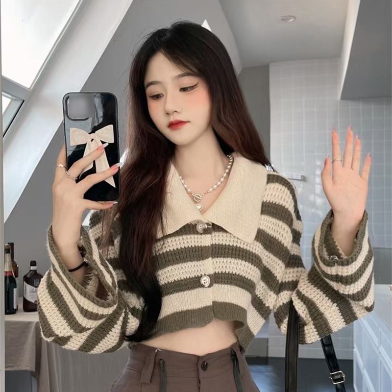 IELGY   Áo cardigan Dệt Kim Tay Phồng Họa Tiết Kẻ Sọc Thời Trang Pháp Cho Nữ