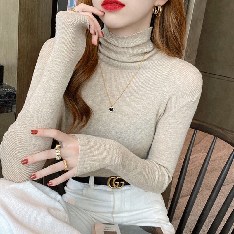 Áo Sweater Dệt Kim Tay Dài Cổ Lọ Màu Sắc Đơn Giản