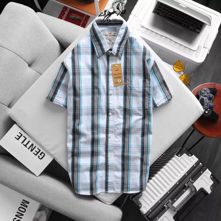 Áo Sơ Mi CaRo Hollister Nam Tay Ngắn Chất Liệu Vải Cotton Cao Cấp Thoáng Mát CaRo Kẻ Sọc