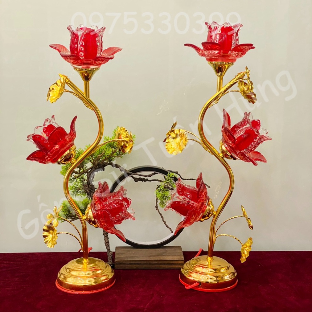 Đèn thờ hoa sen bông thủy tinh ánh sáng vàng, đèn thờ thủy tinh ba bông