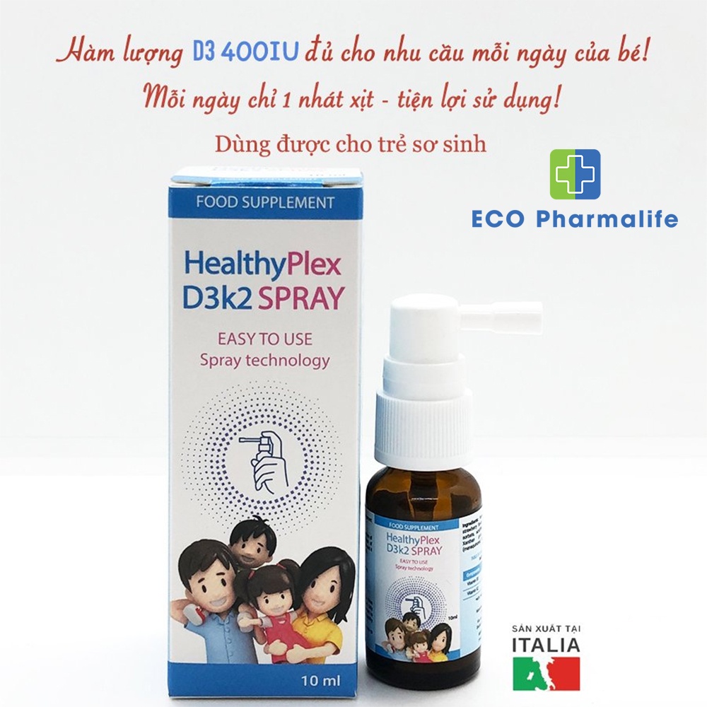 HeathyPlex D3K2 Spray dạng xịt vị dâu giúp xương, răng bé chắc khoẻ, hấp thụ canxi, ngăn ngừa loãng xương