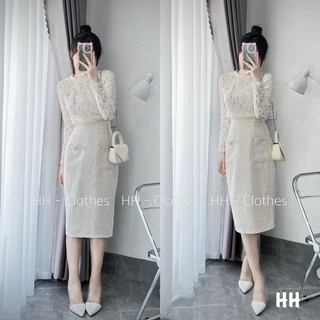 Set trang phục áo sơ mi ren và chân váy midi dạ đính khuy đá