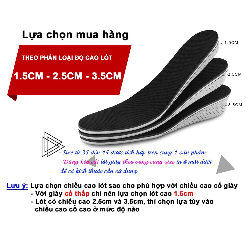 01 cặp Lót giày (GIÁ BÁN GỒM 1 CẶP-ĐỦ DÙNG CHO 1 ĐÔI GIÀY) nam nữ tăng thêm từ 1.5cm đến 3.5cm, thoáng êm TX03