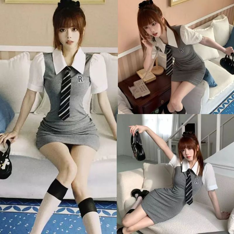 Đầm Ngắn Tay Giả Hai Lớp Thời Trang Mùa Hè Cho Nữ