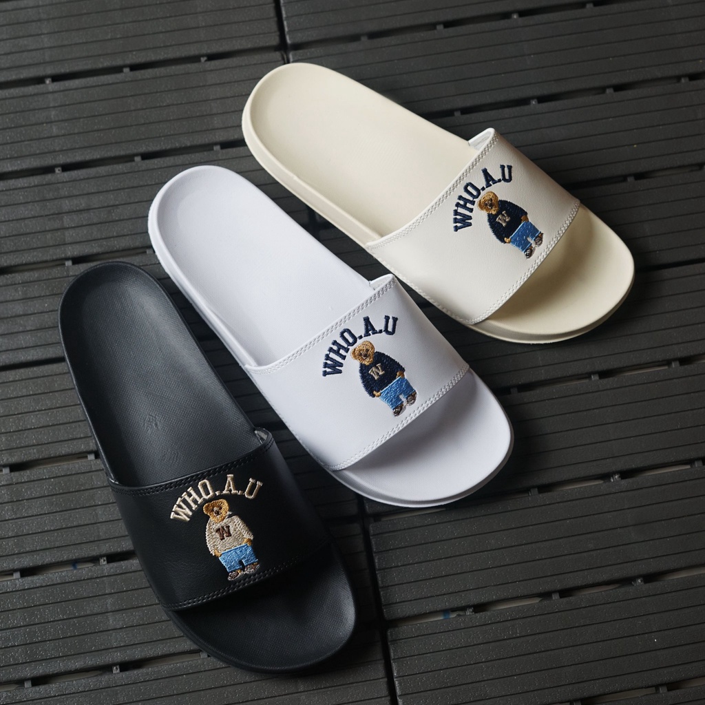 Dép nữ quai ngang Gấu WHOAU, hình thêu trên quai, êm chân, đẹp, không trơn, dễ phối đồ, có thể mua làm quà tặng