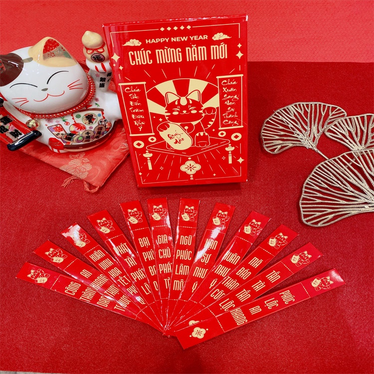 Bao lì xì rút quẻ thiết kế mới nhất tết 2023 hộp 12 thẻ bốc thăm may mắn độc lạ giấy i300 Cán Bóng cho năm Quý Mão
