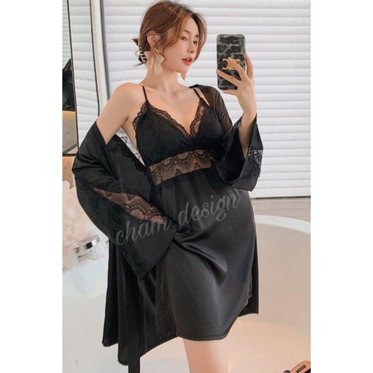 sét váy ngủ kèm choàng chất lụa satin các màu pha ren cùng tông màu. Hàng sản xuất tại shop