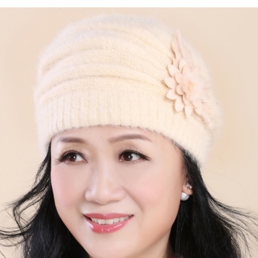 Mũ nồi len lông thỏ gắn hoa đơn phong cách Hàn cho người lớn tuổi, nón len nữ cao cấp